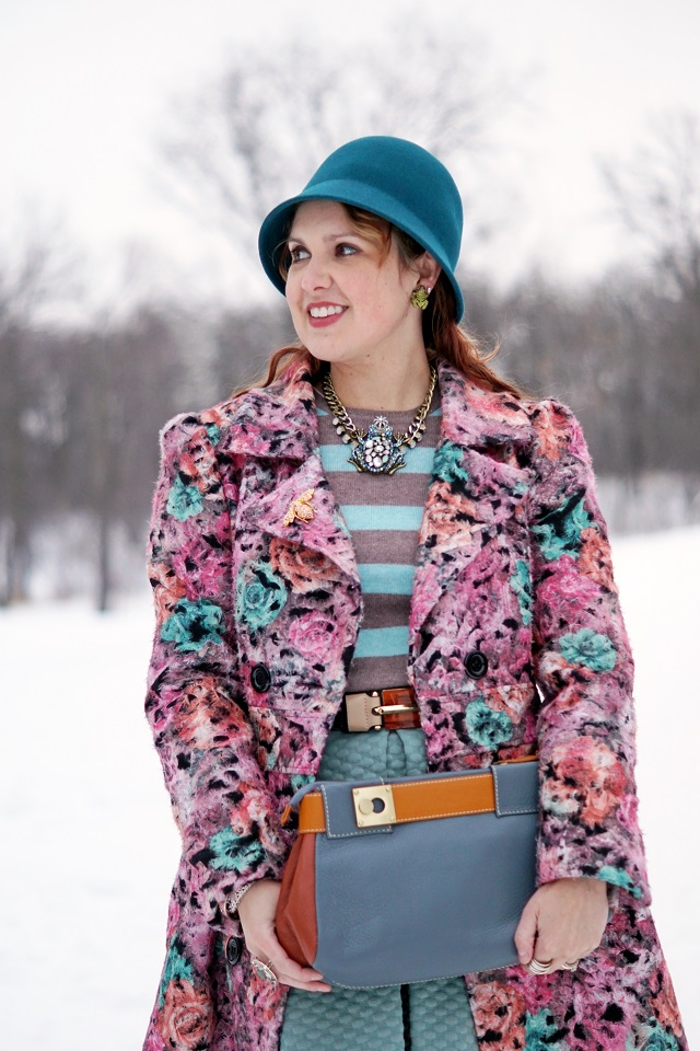 Winnipeg Canadian Fashion Blog, Tatyana blossom rose print lace flaired peplum retro vintage coat, Lord & Taylor striped blue brown cashmere sweater, H&M mint swing full quilted skirt, BCBG Max Azria belt, Betsey Johnson reptiles frog necklace, Danier leather blocked bag, John Fluevog limited edition special color brown blue mint retro Mini Babycake leather boots